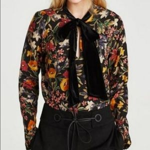 Zara Trafaluc Floral Top with Velvet Tie Bow XL
